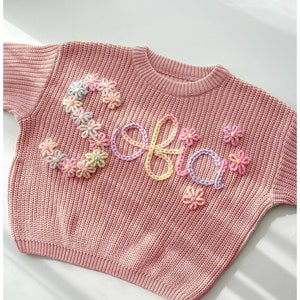 Personalized Baby Girl Sweater, Hand Embroidered Name & Monogram, Customized Baby Girl&#39;s Sweater, A Unique Gift Newborn from Auntie