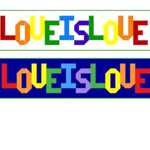 Puede incluir: Una pancarta colorida con el texto "LOVE IS LOVE" en colores arcoíris. Las letras están delineadas en blanco y el fondo es blanco.