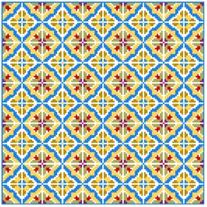 Op de afbeelding: Een herhalend patroon van geometrische vormen in tinten blauw, geel, groen, rood en wit. Het patroon bestaat uit vierkanten en ruiten.