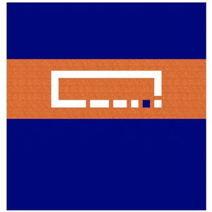 Puede incluir: Un diseño gráfico que presenta una banda horizontal naranja centrada entre dos campos azul oscuro. Un contorno rectangular blanco se sitúa dentro de la banda naranja, conteniendo una serie de pequeños cuadrados blancos y un cuadrado azul oscuro sólido.