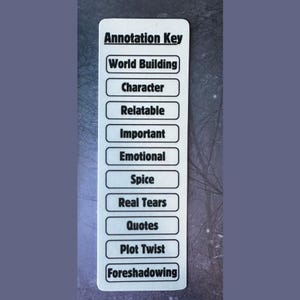 May include: A white rectangular bookmark with black text. The text reads "Annotation Key" at the top, followed by a list of terms including "World Building", "Character", "Relatable", "Important", "Emotional", "Spice", "Real Tears", "Quotes", "Plot Twist", and "Foreshadowing".