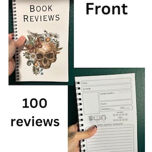May include: Spiral-bound notebook titled "BOOK REVIEWS" with a skull and floral design on the cover. The notebook has 100 review pages. Interior pages include sections for title, author, genre, pages, and notes.
