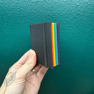 May include: A small, black wallet with a rainbow-colored edge. The wallet is held in a hand against a teal background. The rainbow edge displays the colors of the pride flag.