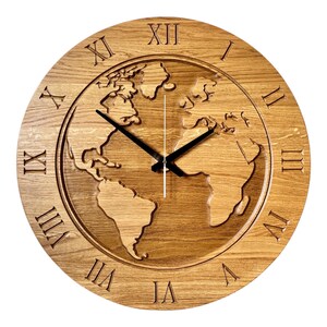 Horloge Murale Élégante 60 cm en Bois de Chêne, Carte du Monde, Mécanisme Silencieux, Fini à la Cire d'Abeille, Cadeau pour Voyageurs