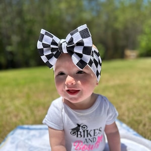Headwrap for Baby Bow for Toddler Headband for Race Day Checkered Bow for Baby Black and White Headband