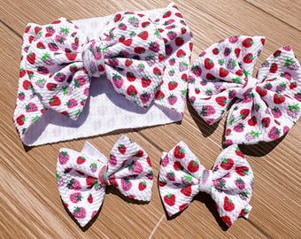 Strawberry Hair Bow, Baby Headband, First Birthday Bow, Alligator Clip Piggy Set