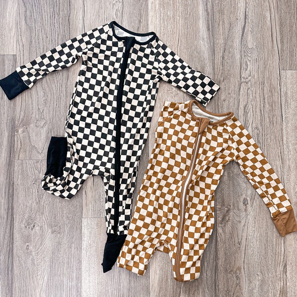 Bamboo Convertible Sleeper Checkered Baby Pajamas Gift for Baby Shower Zip Sleeper Gender Neutral Black and White Sleeper