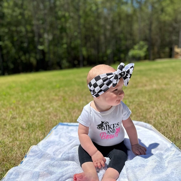 Checkered Bow, Race Bow, Checkered Flag Bow, Baby Headband, Baby Bow, Big Bow, Dirt Bike Baby, Motocross, Black White, Headwrap ,Race Day