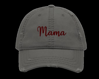 May include: Gray distressed baseball cap with red embroidered text that says "Mama".