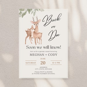 May include: A gender reveal party invitation featuring a watercolour illustration of two deer. The text reads "Buck or Doe Soon we will know! Join us for a gender reveal honouring Meghan + Cody June 20 12-2 PM ADDRESS CITY, STATE, ZIPCODE Please RSVP to [NAME] at PHONE NUMBER OR EMAIL"