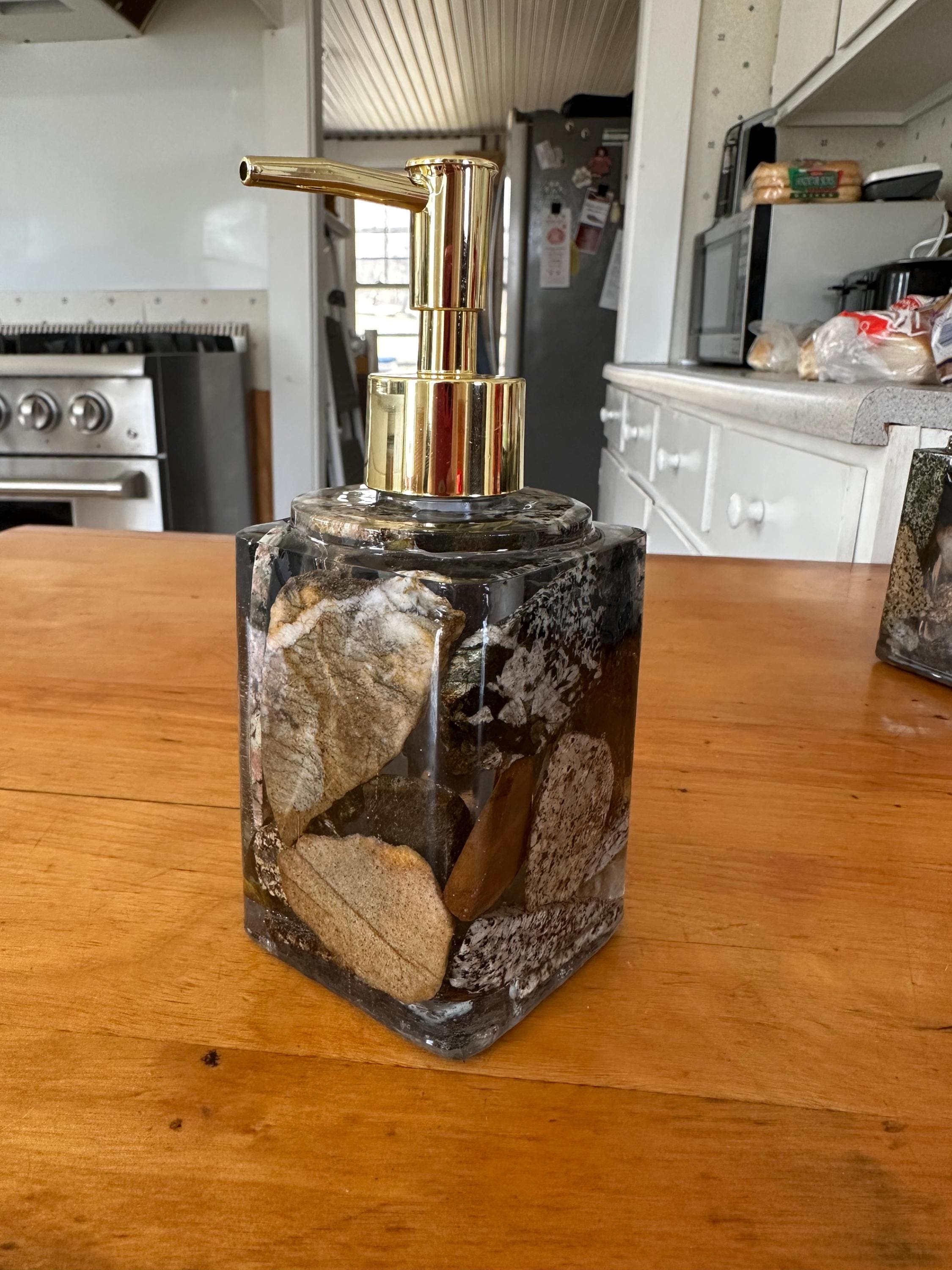 Hand crafted from Start to finish. Wicked elegant liquid soap dispenser!  Made with cut Maine Rocks!  Exquisitely unique