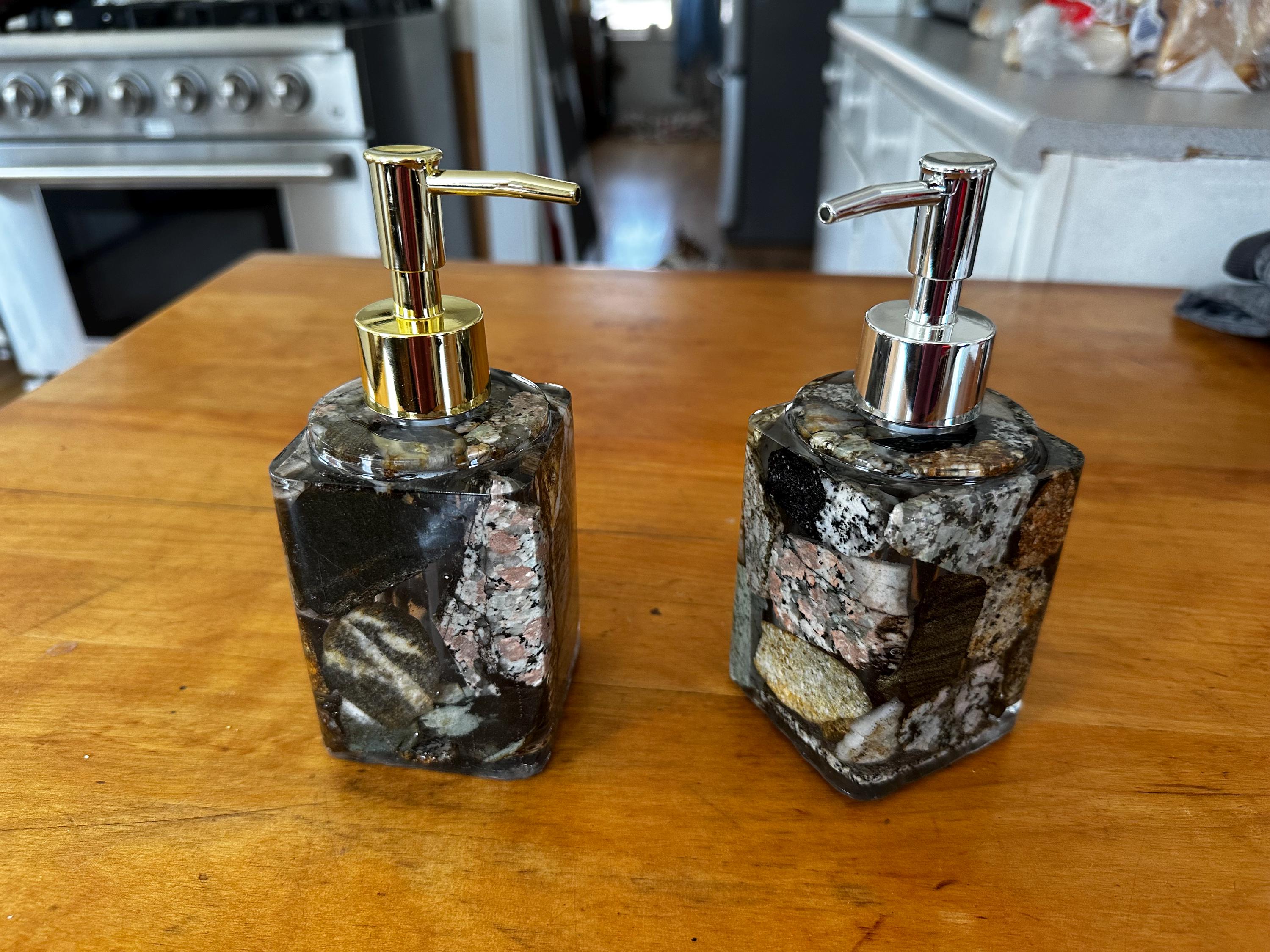 Hand crafted from Start to finish. Wicked elegant liquid soap dispenser!  Made with cut Maine Rocks!  Exquisitely unique
