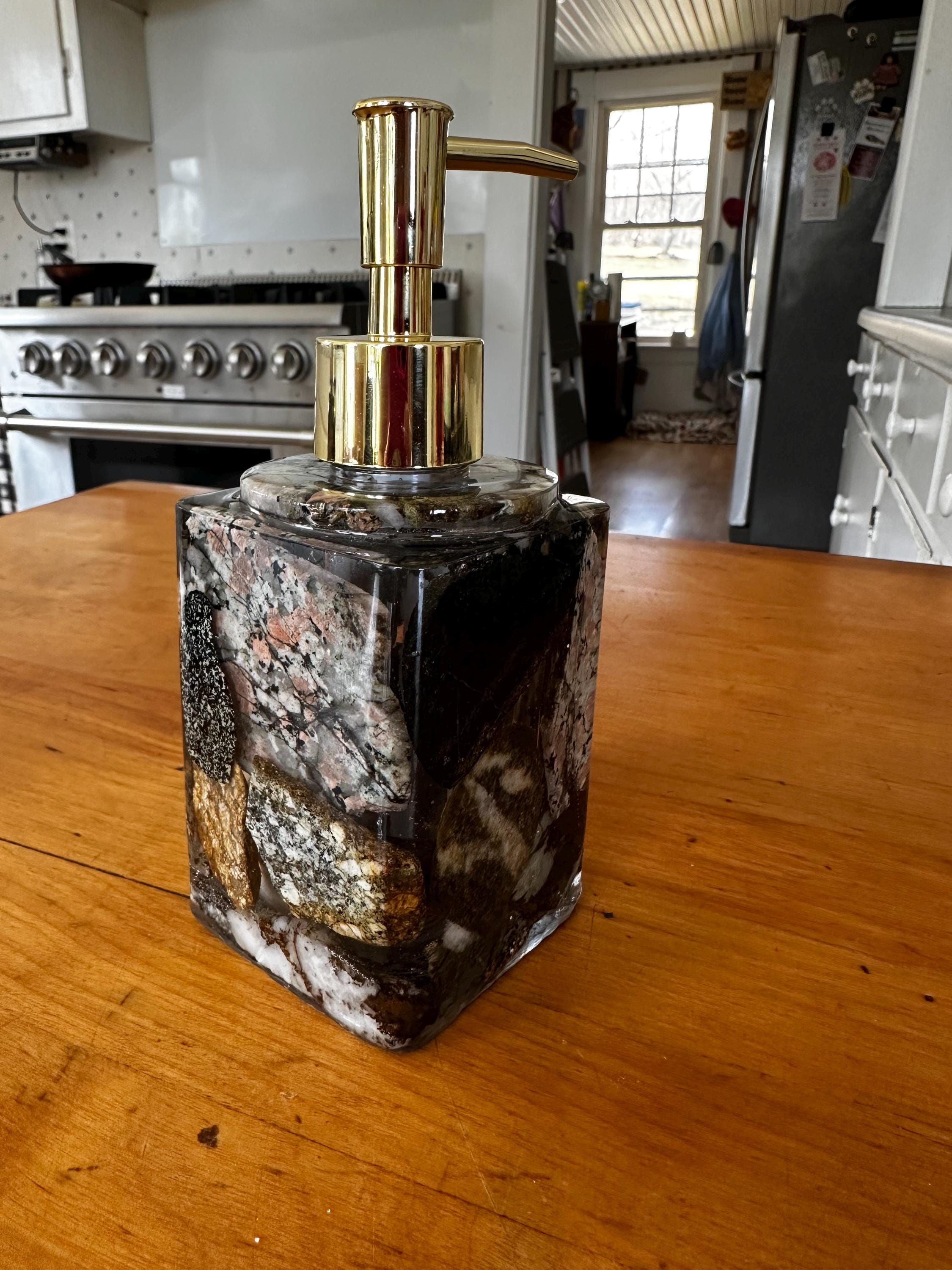 Hand crafted from Start to finish. Wicked elegant liquid soap dispenser!  Made with cut Maine Rocks!  Exquisitely unique