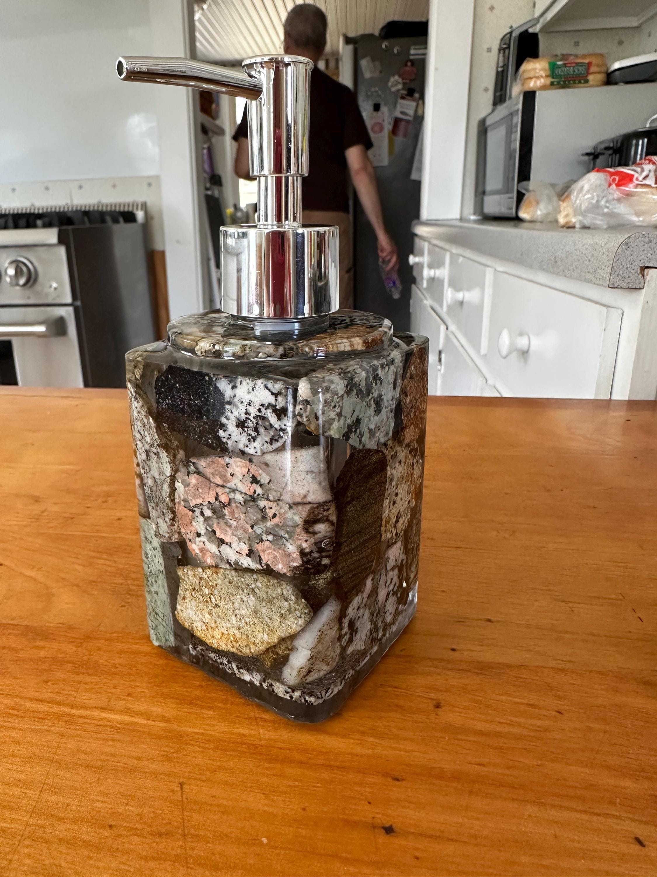 Hand crafted from Start to finish. Wicked elegant liquid soap dispenser!  Made with cut Maine Rocks!  Exquisitely unique