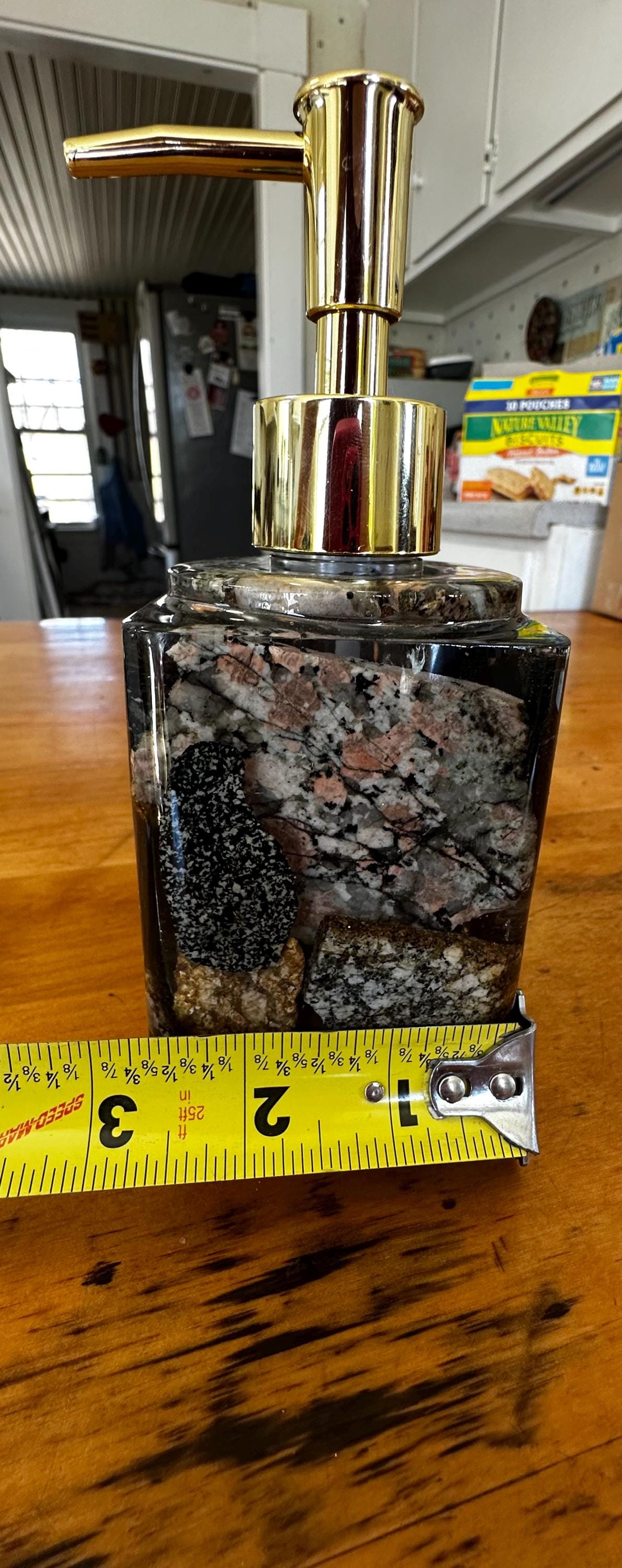 Hand crafted from Start to finish. Wicked elegant liquid soap dispenser!  Made with cut Maine Rocks!  Exquisitely unique