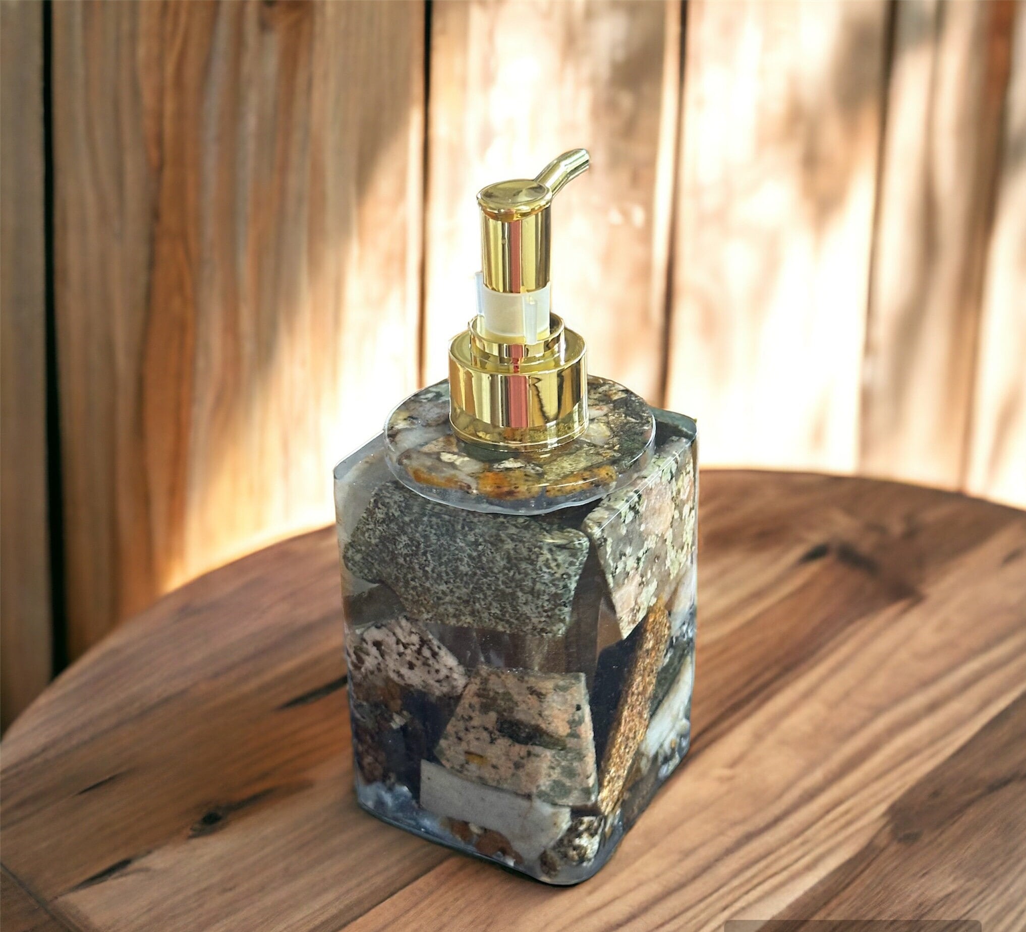 Hand crafted from Start to finish. Wicked elegant liquid soap dispenser!  Made with cut Maine Rocks!  Exquisitely unique