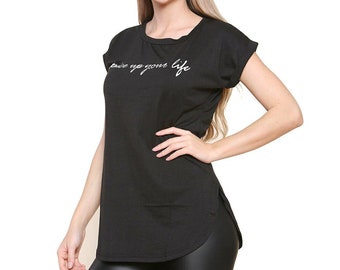 Women's Text Printed Half Sleeves Long Hem Top Casual Wear