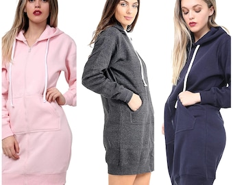 Fleece Zip-Up Hoodie Dress: Casual Long Sleeve Sweatshirt