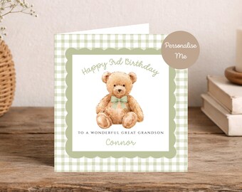May include: A square greeting card with a light green and white gingham border. The center features a watercolor illustration of a brown teddy bear with a light green bow tie. Text reads: Happy 3rd Birthday TO A WONDERFUL GREAT GRANDSON Connor.