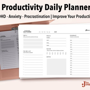 May include: A black and white printable daily planner with the title "Productivity Daily Planner" and the text "ADHD - Anxiety - Procrastination | Improve Your Productivity". The planner includes sections for "Top 3", "To-Do List", "Meals", "Water", "Notes", and "Schedule".