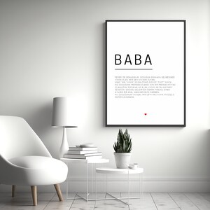 May include: Black and white printable wall art with the Turkish word "Baba" meaning "father" in English. The text is in a simple sans-serif font and is centered on a white background.
