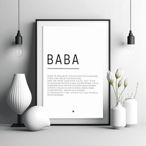 May include: Black and white printable wall art with the word "BABA" in large letters at the top. The text below defines the word "BABA" in Turkish.