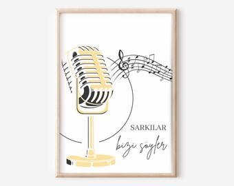 Vintage Microphone Poster -Sarkilar bizi söyler- Turkish Music Wall Art - Digital Design - Retro Decoration - türkce Sarkisözleri - DIY