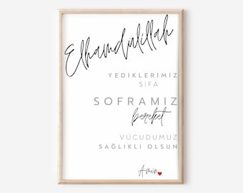 Alhamdülillah sifa sükür bereket kitchen poster, decorate with gratitude, Turkish saying poster to hang up, mutfak, sofra sözleri