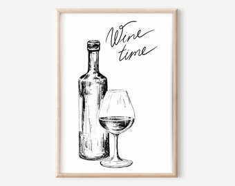 Wine Time digital wall art poster, minimalist gift ideas for wine lovers, perfect for kitchen decor, wine bottle wine glass digital