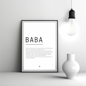 May include: Black and white printable wall art with the word "BABA" in large bold letters. The text below describes the meaning of the word "BABA" in Turkish.