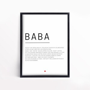May include: Black and white printable art print with the word "BABA" in bold, large font at the top of the page. The text below defines the word "BABA" in Turkish. The text is in a smaller font and is centered on the page. A small red heart is at the bottom of the page.