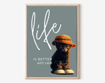 May include: A black cat wearing a bright orange and white striped hat and white sneakers. The cat is sitting on a gray background with the text "life is better with cats!" in white.