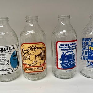 Vintage Unigate Collectible Advertisement Milk Bottles 1980&#39;s - Polycell, British Milkman, Farmers Wife Bread and British Gas