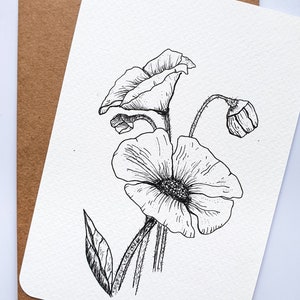 Cartão postal original de flor de papoula desenhado à mão | Qualquer ocasião | Cartão postal de saudação de flor silvestre botânica feito à mão no Reino Unido