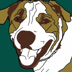 May include: A cartoon illustration of a white and brown dog with a big smile. The dog has brown eyes and a brown nose. The background is a dark green colour.