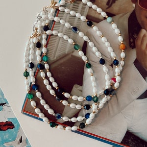 ELTON | Beautiful agate and pearl handmade necklace with custom accent color