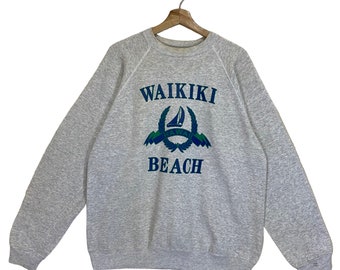 RIOT!! Vintage 90s Waikiki Beach Crewneck Sweatshirt Waikiki Beach Sweater Waikiki Hawaii Big Logo Crewneck Sweatshirt Size L