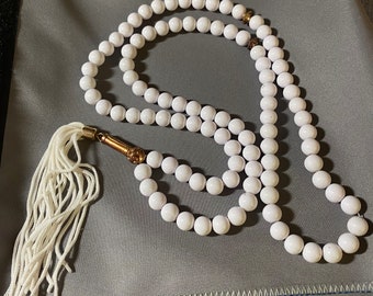 Vintage Lariat 8mm White Glass Beads & Copper Necklace 32" unmarked 1990s