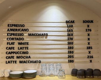 May include: A cafe menu board with various coffee drinks listed, including Espresso, Americano, and Latte Macchiato. The menu also lists prices for hot and cold beverages. Below the menu are glasses, cups, and saucers on a wooden shelf.