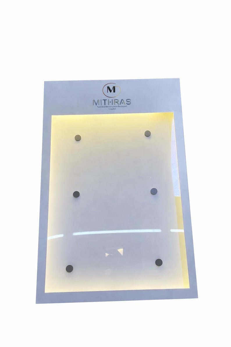 White LED wall mounted menu sign with a large illuminated central panel and custom printed header area. Modern backlit display board for restaurant menus, hotel directories and commercial information signage.