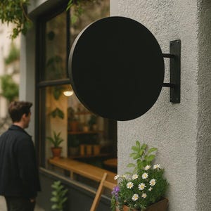 Puede incluir: Un letrero redondo negro cuelga de una pared gris texturizada. El letrero está montado con un soporte de metal negro. Una persona está de pie cerca de una ventana con plantas en el interior. Una jardinera con flores se encuentra debajo.