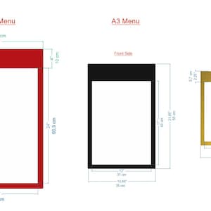 A4, A3, A2 Menu Box
Three wall mounted restaurant menu display cases in red, black and gold, showing A4, A3 and A2 size options. Metal menu cabinets in different dimensions for cafe price lists, restaurant entrances and hotel menu displays.