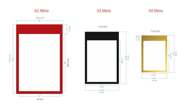 A4, A3, A2 Menu Box
Three wall mounted restaurant menu display cases in red, black and gold, showing A4, A3 and A2 size options. Metal menu cabinets in different dimensions for cafe price lists, restaurant entrances and hotel menu displays.