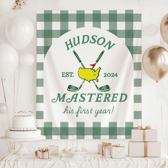 Golf 1st Birthday Banner, ANY AGE Golf Birthday Banner, Golf 1st Birthday Backdrop, Hole in One Welcome Sign, Plaid Golf Birthday Banner