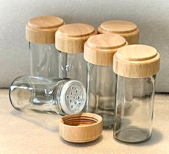 Spice Jars of Sparkling Heavy Glass With Carved Bamboo Lid