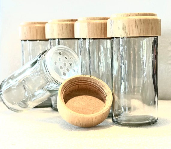 Spice Jars of Sparkling Heavy Glass With Carved Bamboo Lid