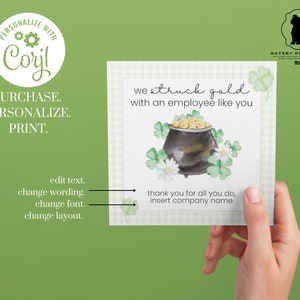 St Patricks Day Employee Appreciation Card for Company Holiday Printable with Watercolor Pot of Gold and four leaf clover design and green gingham border. Print from home or office and edit with company name. Easy and fast, office ideas, work ideas.