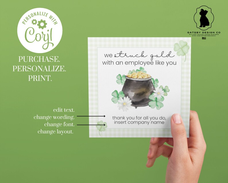 St Patricks Day Employee Appreciation Card for Company Holiday Printable with Watercolor Pot of Gold and four leaf clover design and green gingham border. Print from home or office and edit with company name. Easy and fast, office ideas, work ideas.