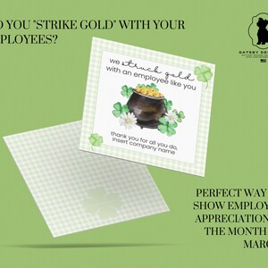St Patricks Day Employee Appreciation Card for Company Holiday Printable with Watercolor Pot of Gold and four leaf clover design and green gingham border. Print from home or office and edit with company name. Easy and fast, office ideas, work ideas.