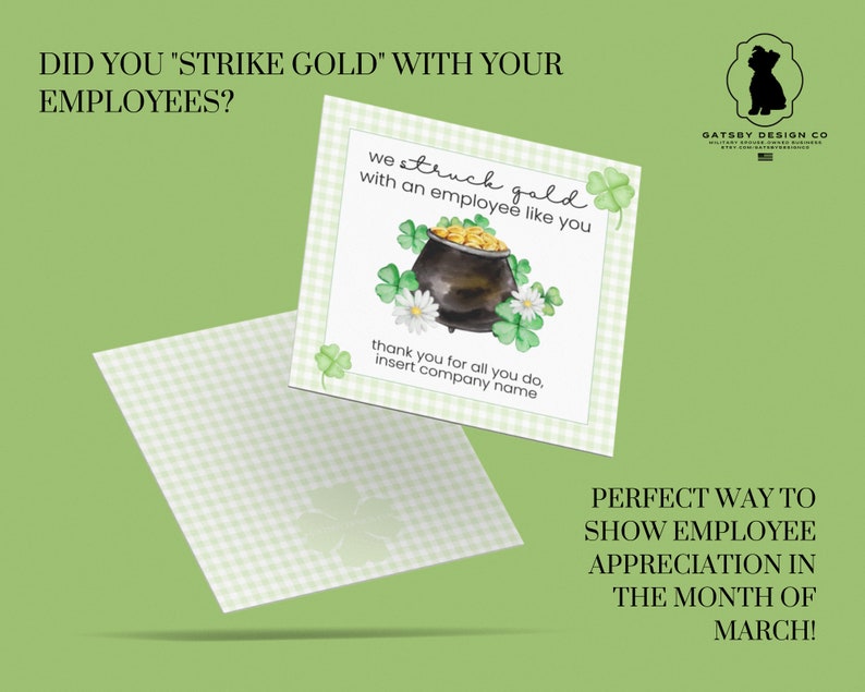 St Patricks Day Employee Appreciation Card for Company Holiday Printable with Watercolor Pot of Gold and four leaf clover design and green gingham border. Print from home or office and edit with company name. Easy and fast, office ideas, work ideas.